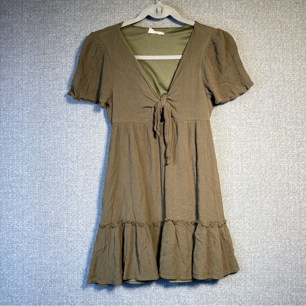 Altar’d State Small Women’s Babydoll Tiered Mini Dress Front Tie Olive Green - Picture 1 of 6